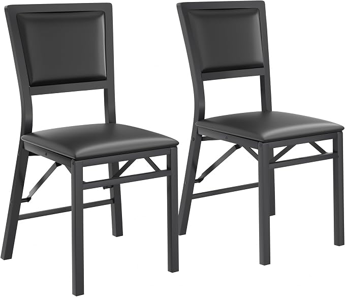 VECELO Folding Dining Chairs Set of 2, Metal Padded Foldable Seating with Comfortable Faux Leather, Space-Saving Portable Guest Seats for Kitchen & Office, No Assembly, Black