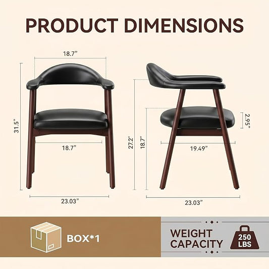 MALOL Leather Dining Chair with Armrest Set of 2, Upholstered Dining Room Chair with Curved Back and Wood Legs, Mid Century Modern Kitchen Chairs for Kitchen Dining Room,Black