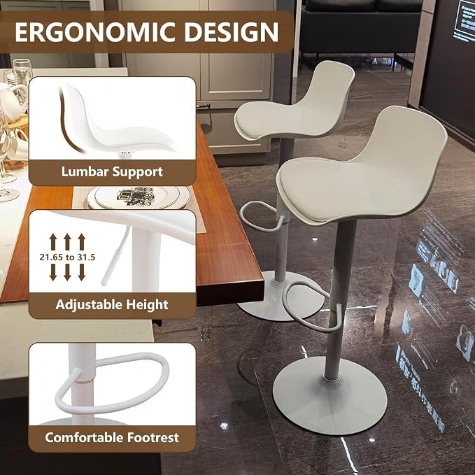 Kidol & Shellder Bar Stools Set of 6 Adjustable Counter Height Stools Modern PU Leather Swivel with Back Barstools Upholstered Kitchen Island Chairs(White)