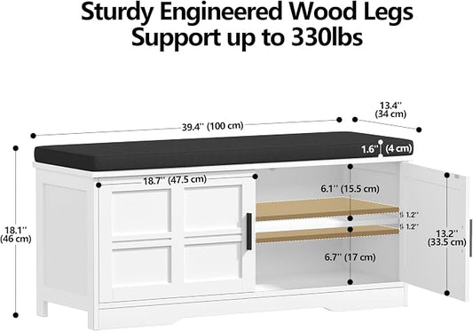 Akxomel Shoe Bench with Storage, 39.4" Entryway Bench with Padded Cushion, 2-Tier Shoe Cabinet Bench with Adjustable Shelves and 2 Cross Molding Doors, for Hallway, Living Room, Bedroom, White