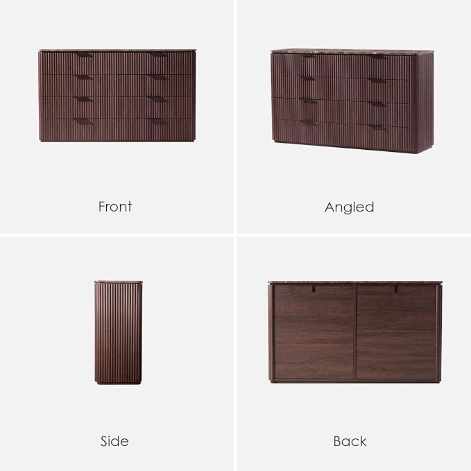Dresser for Bedroom with 8 Drawers, 54"W Chest of Drawers, Fluted Dresser with Faux Marble Top, Curved Profile Design, Metal Handle, Wood Closet Storage Organizer for Living Room, Hallway, Dark Oak