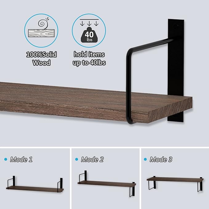 Floating Shelves, 24 Inches Easy to Install Wall Mounted Shelves, Set of 3, Rustic Wood Shelves for Wall Decor, Storage Shelves for Living Room (Brown)