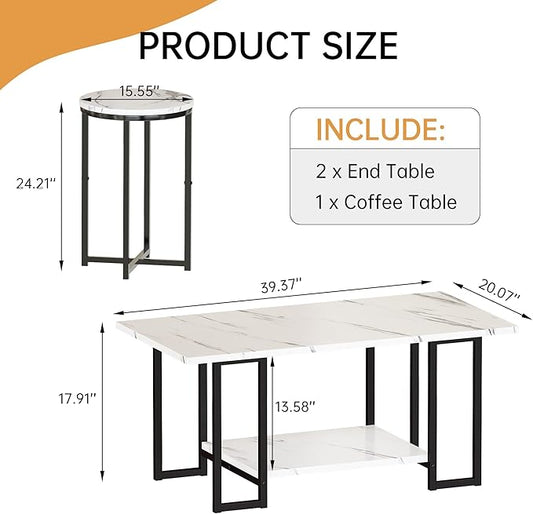 Lamerge 3 Pieces Living Room Table Set, Faux Marble Coffee Table with 2 Round End Side Tables, Coffee Table Set with Metal Frame for Apartment Home Office, White Black
