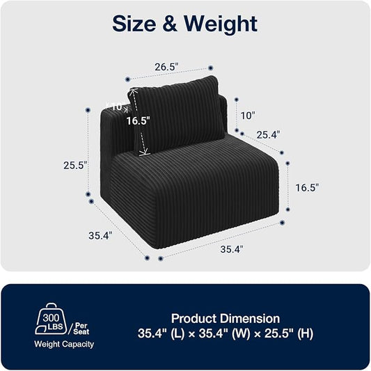 Avenco 35.4” Armless Modular Sofa Seat, Individually Wrapped Coil Support & Corduroy Fabric, Zero Assembly for Custom Sectional, Black