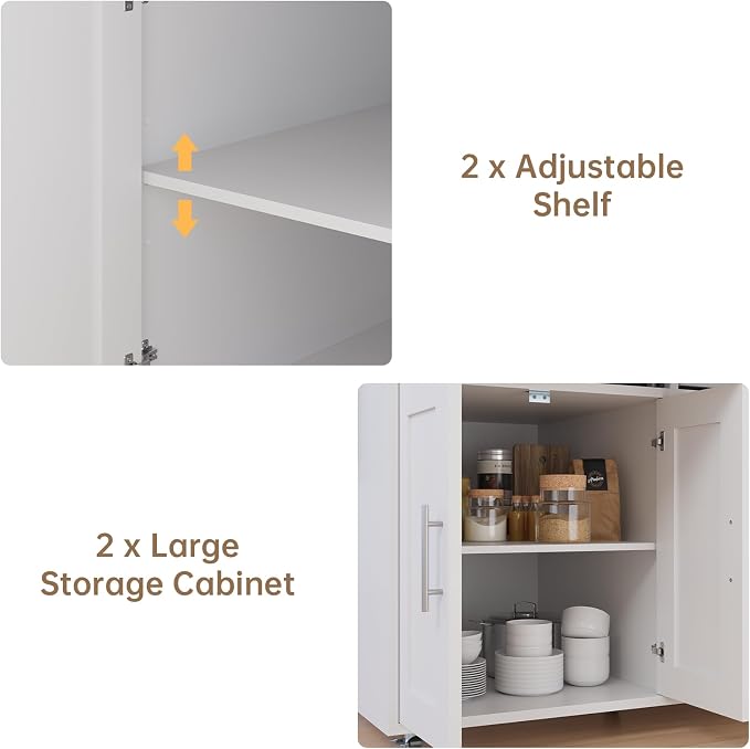 OtterOasis 78" Rolling Kitchen Island with Extendable Dining Table, Mobile Island with Storage for 2, Farmhouse Wood 4-Door Cabinet for Kitchen & Dining Room, White