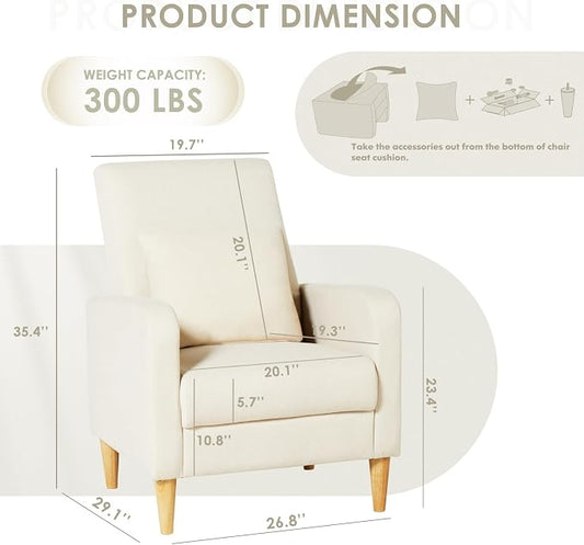 COLAMY Mid-Century Modern Upholstered Accent Chair with Back Pillow & Solid Wood Legs, Fabric Cozy Armchair for Living Room, Bedroom, Reading Nook, Apartment & Small Spaces, White