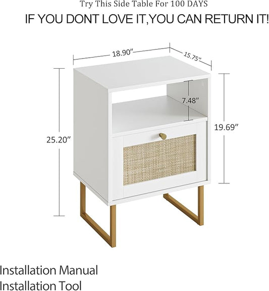 Masupu Extra Large Rattan Nightstand,Boho Night Stand Modern Farmhouse Wood Bedside Table with Storage Drawer and Open Shelf,Side End Table for Bedroom,Living Room,Office White