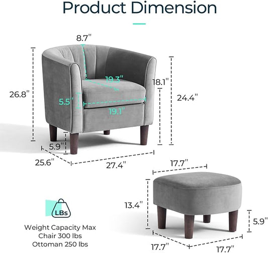LINSY Accent Chair Set of 2, Velvet Barrel Chair with Ottoman, Modern Comfy Small Armchair for Small Spaces Reading Room Living Room Bedroom Kids Room Office, Grey
