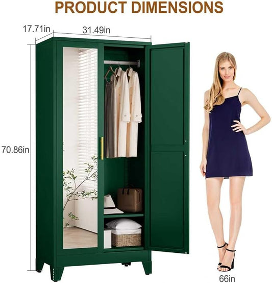 Metal Armoire Wardrobe Closet Storage Cabinet with Mirror Green, 71'' Wardrobe Cabinet with Hanging Rod Metal Closet with 2 Adjustable Shelves for Bedroom, Laundry Room, Cloak Room