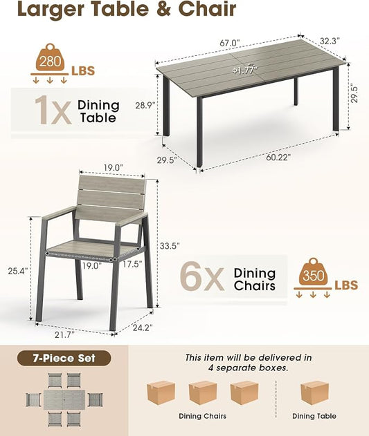 Outdoor Dining Set for 6, Aluminum Patio HDPS Outdooor Table and Chairs Set with Umbrella Hole, All Weather Patio Furniture Set, 7 Peice Patio Dining Table Set (Classic Gray)