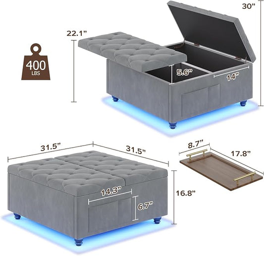 Dnxao Large Square Storage Ottoman with Lift Top,Tufted Velvet Ottoman Coffee Table with Charging Station and LED Lights,Multi-Functional Footrest with Storage Pockets & Tray for Living Room,Gray