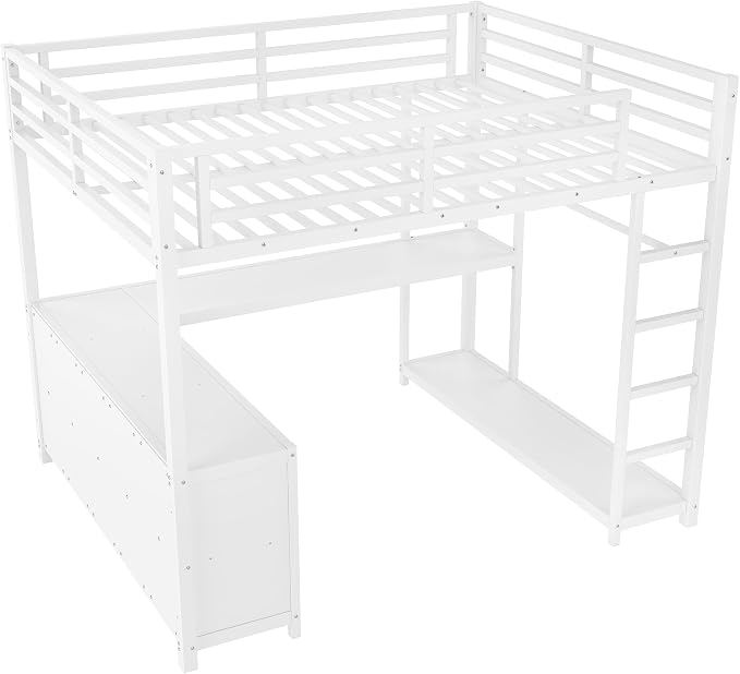 Bellemave Queen loft Bed with L Desk, Wardrobe, Metal Queen Size Loft Bed Frame for Adults, Kids, Teens, White