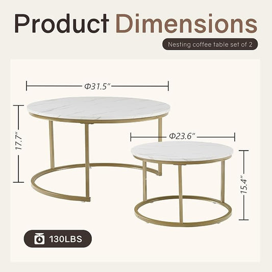 Otterease Nesting Tables Set of 2, 31.5" Round Coffee Table, Small Nesting Coffee Table with Adjustable Non-Slip Fee, White Marble Top Stack Nesting Tables Set of 2 for Living Room, Bedroom (White)