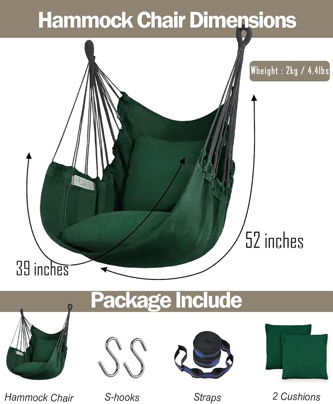 Halalona Hammock Chair Hanging Hammock Chair Rope Swing 2 Cushions Included-Sturdy & Durable Soft Cotton Hand Woven Hammock Swing for Bedroom, Porch, Patio-Indoor/Outdoor