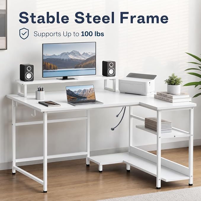 DEVAISE 47" L Shaped Gaming Desk with LED Lights and Power Outlets - Spacious Corner Computer Table with Monitor Stand and Storage Shelves for Work and Gaming, White