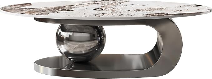 49.2" Modern Oval Marble Coffee Table – Gray Stainless Steel Base, Scratch-Resistant, Easy Assembly