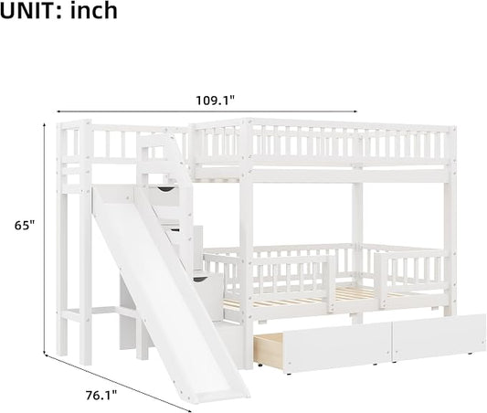 RUNNA Twin Over Twin Bunk Bed with Slide, Storage Drawers, White | Built for kids who play hard and parents who hate clutter. Sturdy wood, safety rails & easy-access drawers—one bed, zero mess