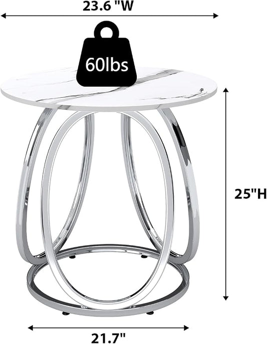 O&K FURNITURE Silver End Table, Round Side Table with Faux Marble Veins, Modern Nightstand for Bedroom, Living Room, Home Office, 1PC