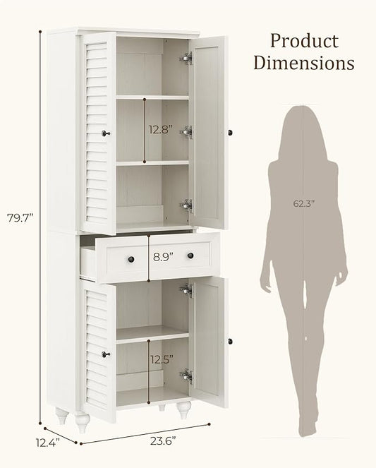 80" Tall Storage Cabinet with Louvered Doors and Adjustable Shelves, Farmhouse Kitchen Pantry Cabinet, Freestanding Storage for Dining Room, Living Room, Home Office, Bathroom, Rustic White