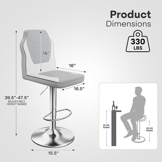 Racing Style Bar Stools Set of 2, Adjustable Counter Height Chairs with Faux Leather, 360° Swivel Bar Stools with Backs, Racing Seat Bar Stool Chairs, Gray/White