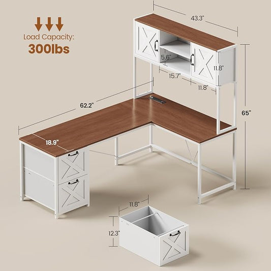 SEDETA Farmhouse L Shaped Desk with Hutch, Reversible 86.6" Computer Desk with Drawers and Power Outlet for Home Office/Two Person, Corner Desk with LED Light and Storage Shelves, White and Brown
