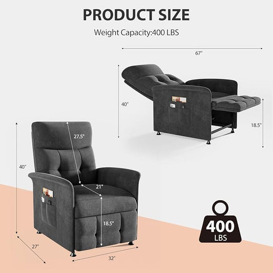 Power Recliner Chair for Adults with Heat & Massage - Soft Fabric Electric Reclining Sofa with Remote Control, 3 Side Pockets, 180° Lay Sleeper for Home Theater Living Room, Dark Grey