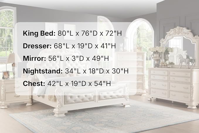 First of a Kind Victoria Off White Traditional 5 Piece King Bedroom Set with Upholstered Tufted Headboard Elegant European Inspired Design Coordinated Furniture Collection