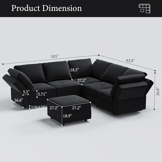 Vesgantti Sectional Couches with Storage Seats, 92" V Shaped Convertible Modular Sectional Sofa, 5 Seat & 1 Ottoman Velvet Storage Chaises Deep Seat Couch for Living Room, Bedroom, Apartment, Black