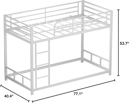 Low Metal Bunk Bed Frame for Kids, with Built-in Ladder, High Guardrail and Metal Slats, Floor Bed Bottom Bunk, No Boxspring Required, for Small Spaces, Twin-Over-Twin (White)