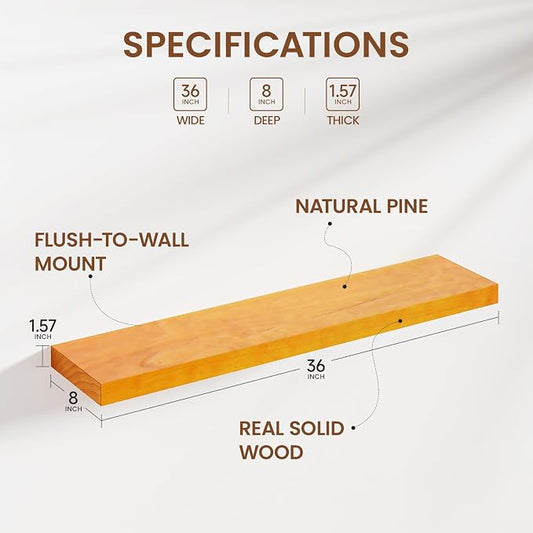 Heimlove Pine Wood Floating Shelves, 8 Inch Deep Real Wood Shelves Set of 2, Wall Mounted Rustic Wood 36x8 Floating Shelf with Invisible Brackets for Bedroom Kitchen Living Room - Honey Oak