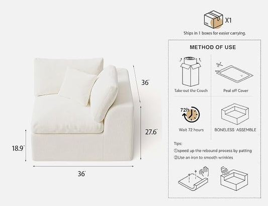 36 Inch Corner Seat | Modular Sectional Couch Sofa | Ivory White