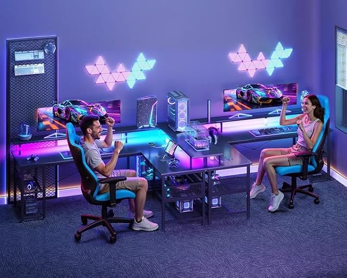 ODK 66" L Shaped Gaming Desk with Power Outlet and LED Lights, PC Gaming Table with Carbon Fiber Texture, Reversible L Shape Desk with Storage Shelves & Monitor Stand, Home Office Desk, Black