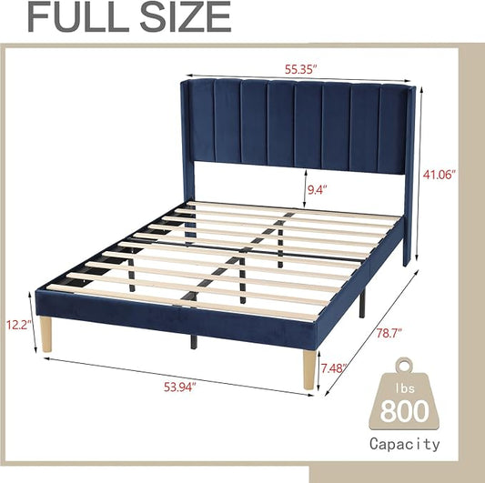 AGARTT Upholstered Platform Bed Frame Full Size with Headboard and Footboard/Wooden Slats Support/No Box Spring Needed/Easy Assembly,Blue Velvet