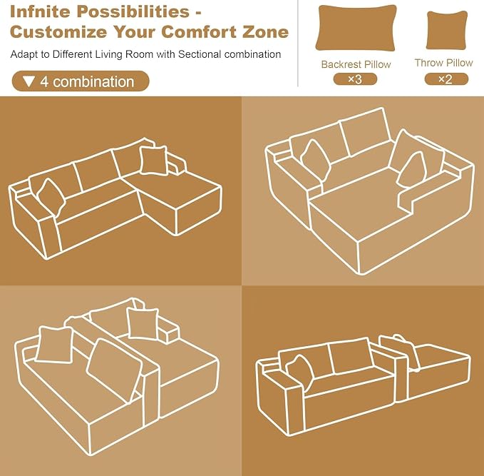 AUGOP 96" Sectional Couches for Living Room Modern Modular Sofa with L-Shape Couchs Upholstered Boneless Couch Deep Seat Sectional Couch with Chaise (Dark Grey, 96" Right Facing Chaise+2Seaters)