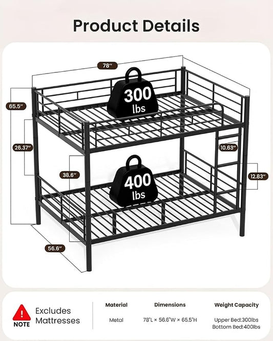 Mixcous Full Over Full Bunk Bed for Adults, Heavy Duty Metal Bunk Bed Frame, Convertible into 2 Full Beds, Noise-Free, Full-Length Guardrails & EVA Padded Ladder, No Box Spring Needed, Black