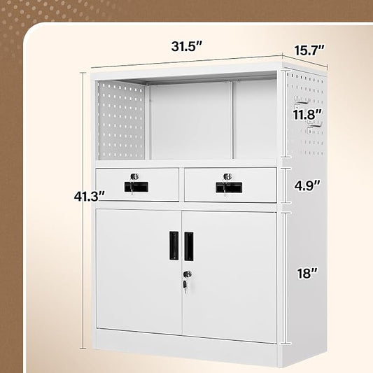 Storage Cabinet with Drawers, 41.3" Steel Lockable Storage Cabinet with Doors and Side Pegboard, Metal Cabinet for Garage, School, Home Office, White