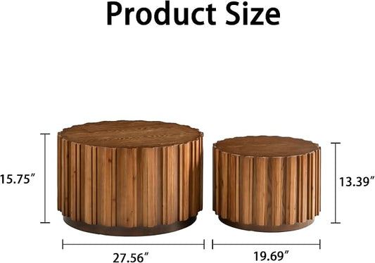 Nesting Round Coffee Table Set of 2, 27.56" Fluted Circle Accent End Table, Morden Drum Side Table, Wooden Center Table for Living Room, Fully Assembled - Walnut Brown