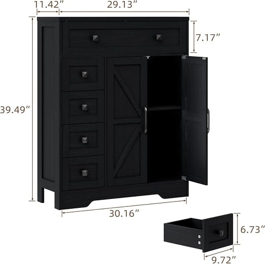 Vabches Farmhouse Storage Cabinet with 2 Doors and 5 Drawers, Freestanding Bathroom Cabinets Kitchen Pantry, Floor Storage Cabinet Hutch Cupboard for Living Room/Bathroom/Kitchen.Pure Black