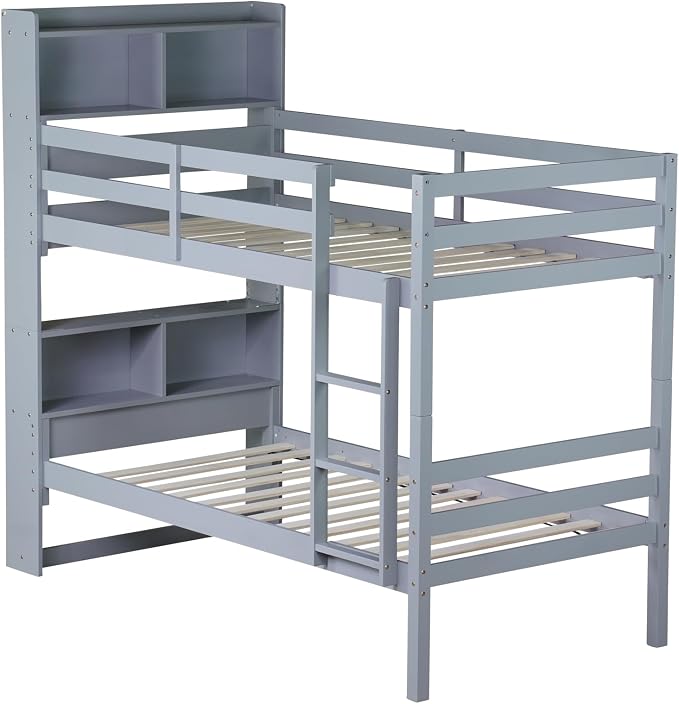 Twin Over Twin Bunk Bed with Storage Bookcase Headboard for Kids Boys Girls Teens, Rubber Wood Bunk Beds Frame with Storage Shelves, Can Be Separated into 2 Platform Beds, Gray
