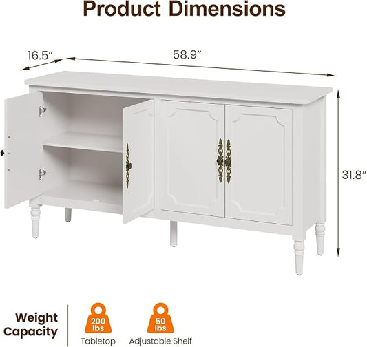 RoyalCraft 118" Buffet Cabinet with Storage, Vintage Sideboard with Adjustable Shelves, Mid Century Modern Painted Credenza Coffee Bar for Kitchen, Dining Room, Entryway, Living Room, Satin White