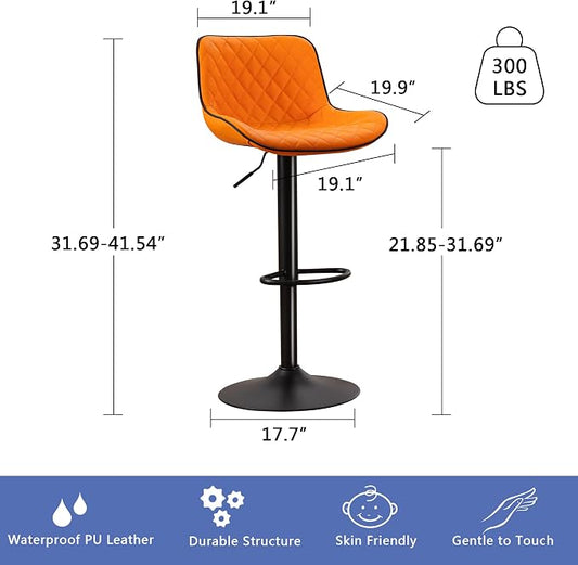 YOUTASTE Orange Black Bar Stools Set of 2, Adjustable Counter Height Swivel Barstools with Faux Leather & Metal Legs, 300 lbs Capacity, Mid-Century Modern Style for Kitchen Island, Home & Restaurant