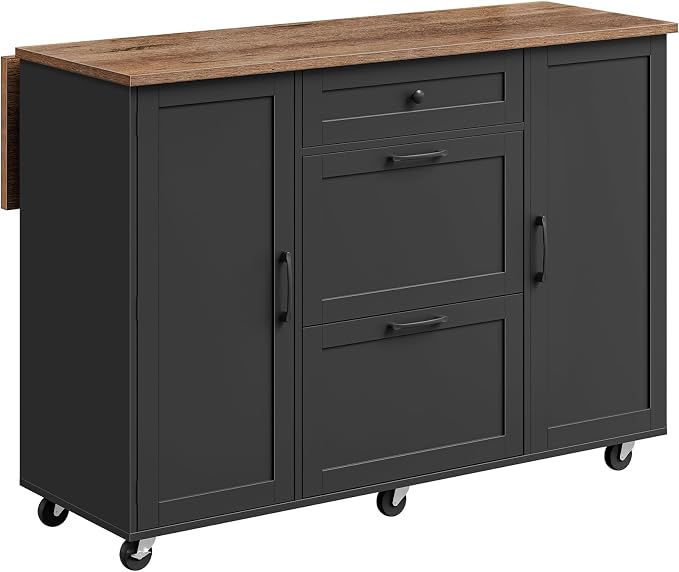 CHOEZON Kitchen Island with Trash Can Cabinet, Drop-Leaf Tabletop & 6 Wheels, 51.2-Inch Rolling Kitchen Cart with Fridge Shelf, Drawers & Adjustable Shelves, Farmhouse Style, Black and Walnut MZD07BL