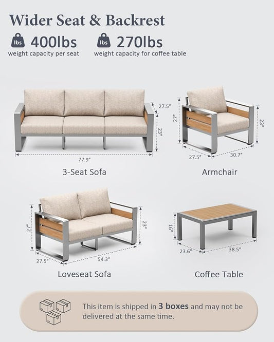 ZANDOR Aluminum Outdoor Patio Furniture-Loveseat with Table,Sliver | Rustproof,High weight capacity,Water-repellent,Washable Cover,All-Weather Resistant,Easy clean,for Poolside Backyard Deck
