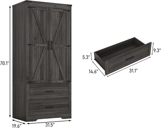 Hlivelood 2 Doors Wardrobe Armoire Closet with Doors and Drawers, Farmhouse Wooden Armoire Storage Cabinet with Shelves & Hanging Rod for Bedroom, Grey
