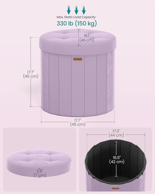 SONGMICS Mazie Collection - Round Storage Ottoman, Folding Footrest Stool with Removable Lid, Easy Assembly, Velvet Vanity Stool for Bedroom, Living Room, Entryway, Purple ULSF608PE01