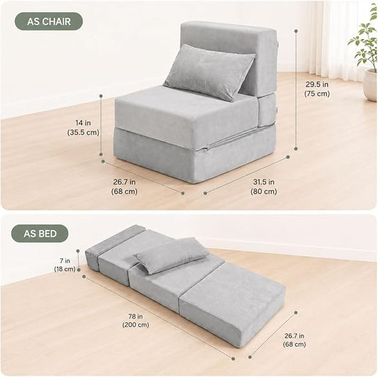 Folding Sofa Bed, Convertible Sleeper Chair with Pillow, Foldable Mattress & Back Support, Portable Floor Lounger Futon for Apartment, Dorm, Living Room, Bedroom, Gray