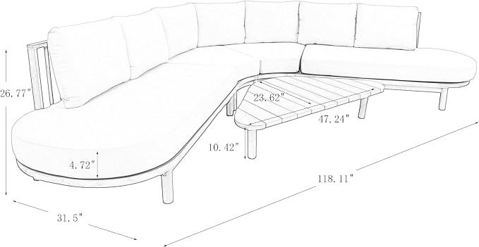 Merax 5 Piece Patio Outdoor Furniture Set, All Weather 118" Half Moon Sectional Sofa with Acacia Wood Frame & Waterproof Cushions,1 Coffee Table for Garden,Lawn,Backyard,Poolside,Beige+Light Teak