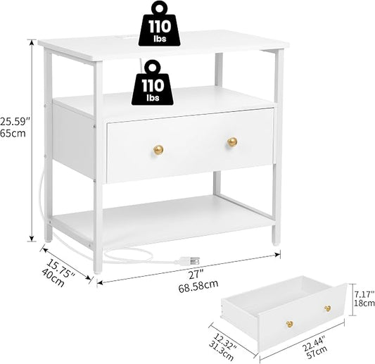 Edbuosy 27 Inch Wide Night Stand with Charging Station, Wood Nightstand with Open Shelf, Large Drawer Bedside Table for Living Room/Bedroom/Office, White