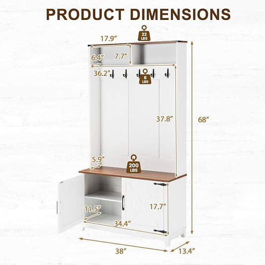 EROMMY 38" Farmhouse Hall Tree with Bench and Shoe Storage, Entryway Bench with Coat Rack, 2 Open Compartments, 5 Coat Hooks, Barn Door & Adjustable Shelf, Rustic White and Brown