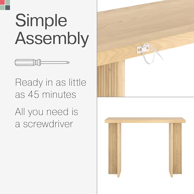 Stead Modern Console Table - Natural Oak, Fluted Solid Wood - Slim Entryway Table with Drawers & Curved Cross Base